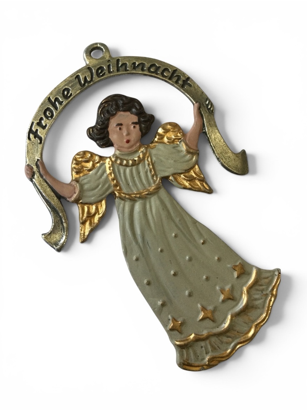 Vtg KUEHN ZINN German Hand-Painted Pewter Angel Ornament - "Frohe Weihnach" - Picture 6 of 9